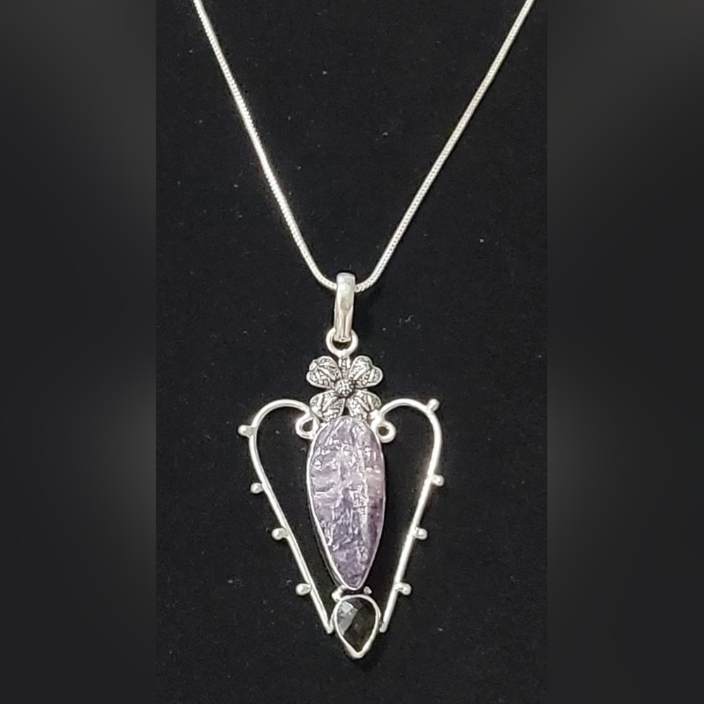 Handmade 925 Sterling Silver Rough Amethyst & Blk Cut Stone Gemstone Pendant &…